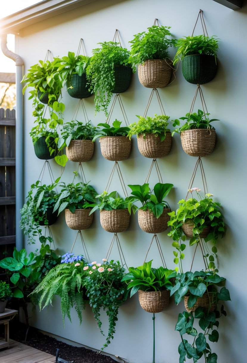 A vertical garden with hanging planters full of green plants covering an outdoor wall.