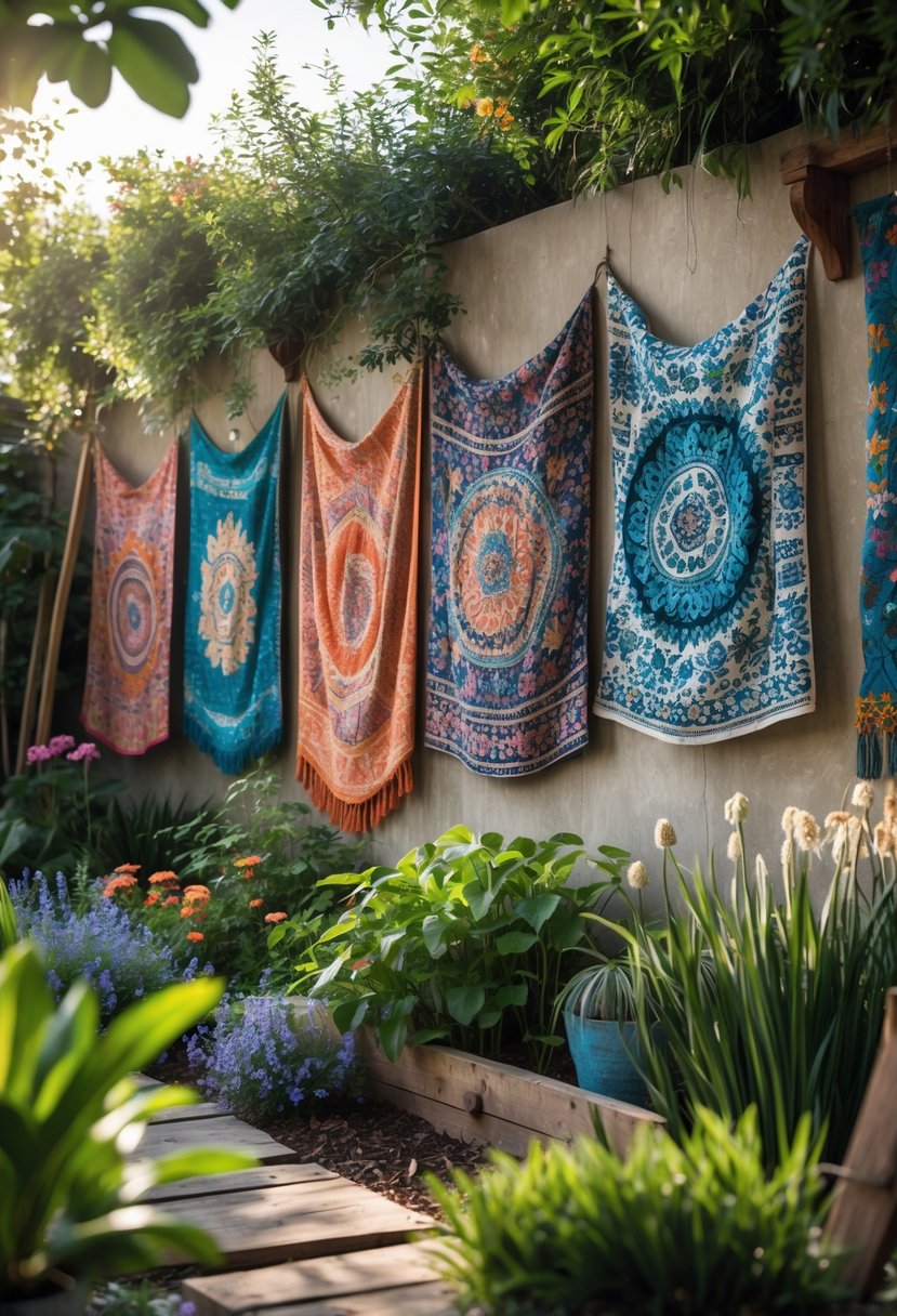 A garden with colorful tapestries hanging on a wall surrounded by plants and flowers.