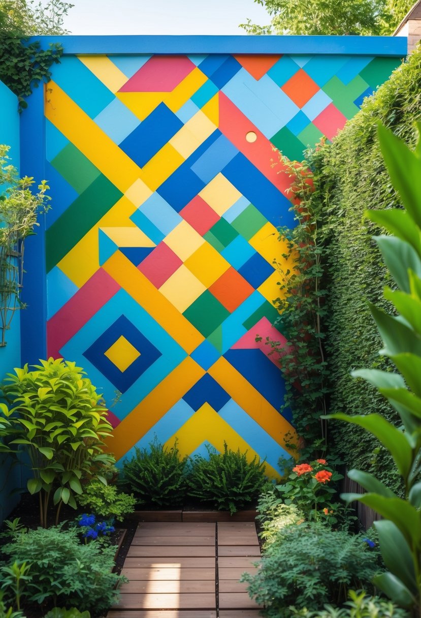 A colorful geometric mural painted on a garden wall surrounded by green plants and flowers.