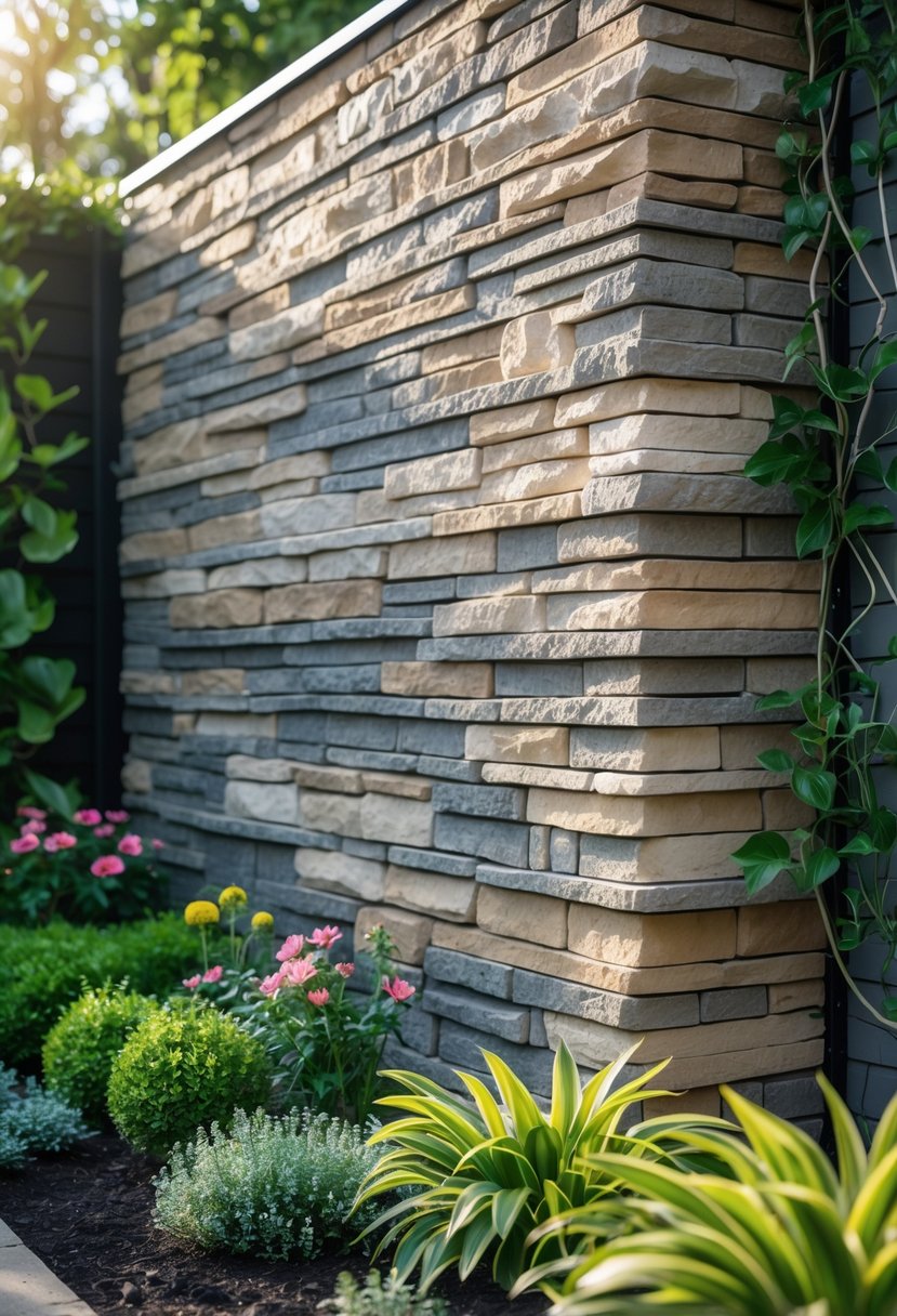 A garden with a wall covered by stacked stone veneer surrounded by green plants and colorful flowers.