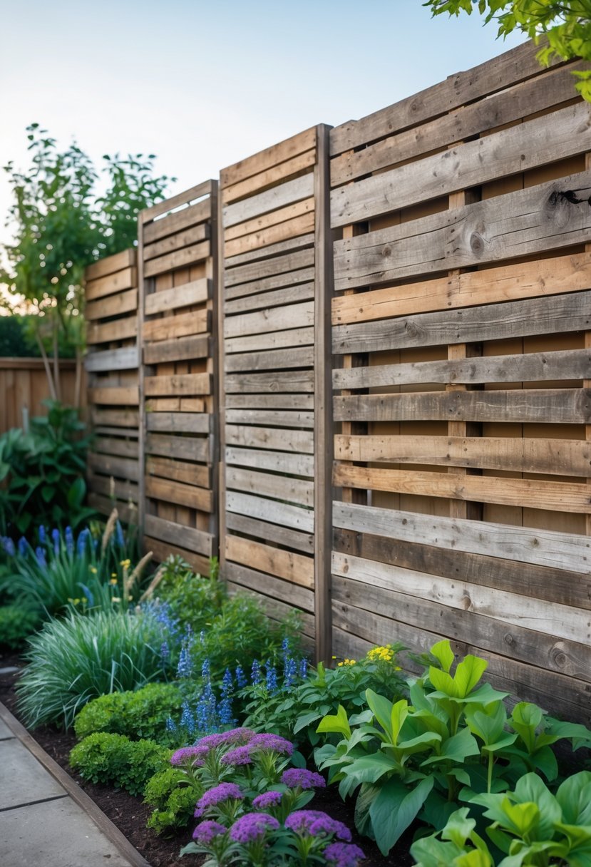 A garden wall covered with rustic pallet wood panels surrounded by green plants and flowers.