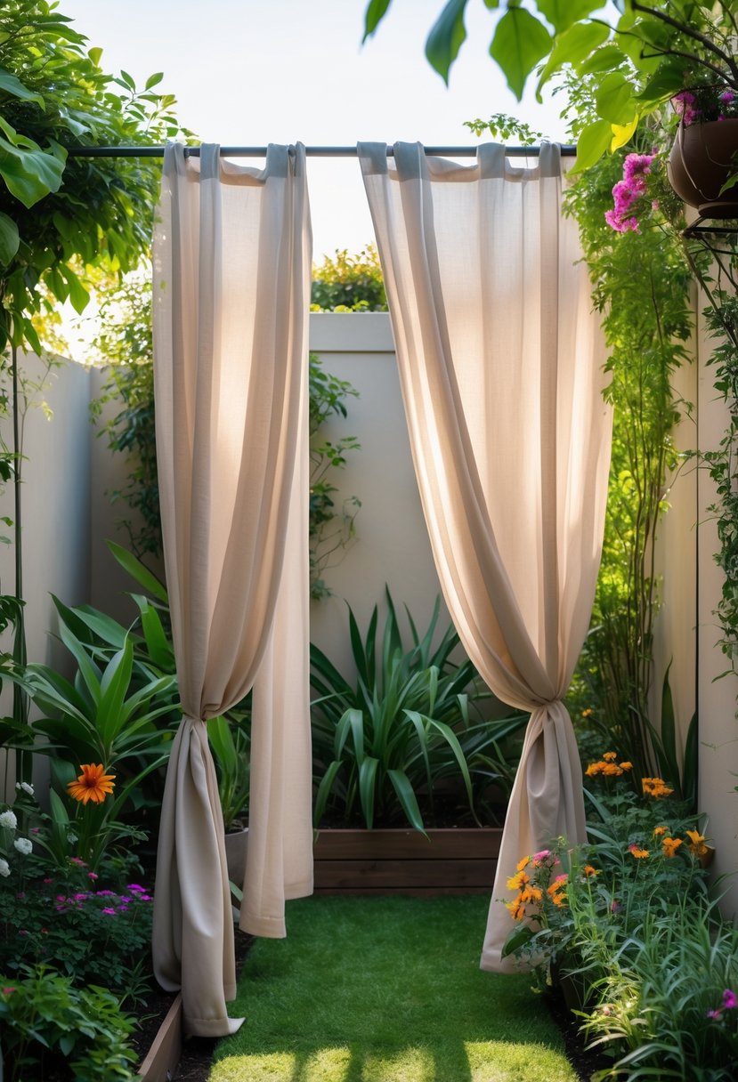 Outdoor garden with light fabric curtains hanging in front of a wall, surrounded by green plants and flowers.