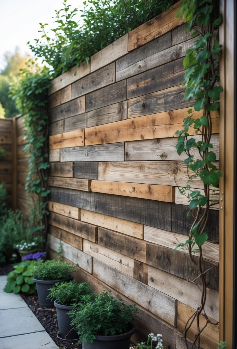 A garden wall covered with horizontal reclaimed wood planks surrounded by plants and vines.