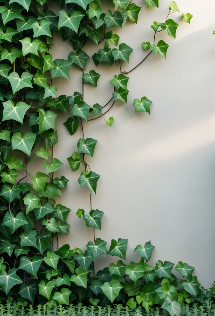 Green ivy climbing and covering a plain wall in a simple garden setting.