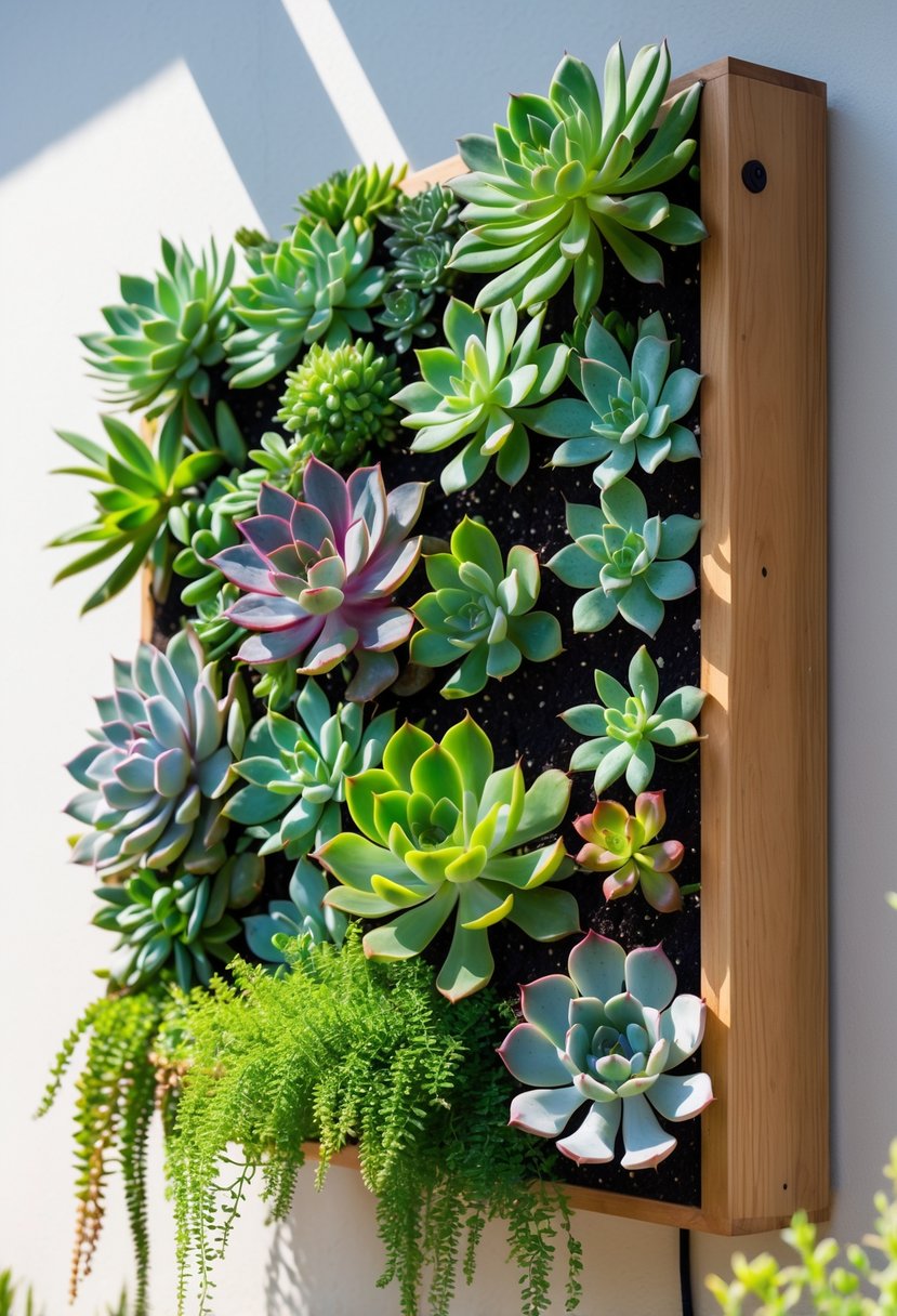 A vertical garden of various succulents arranged on a wall inside a wooden frame.