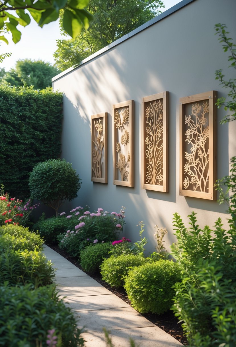 A garden with decorative art panels hanging on a wall surrounded by plants and flowers.