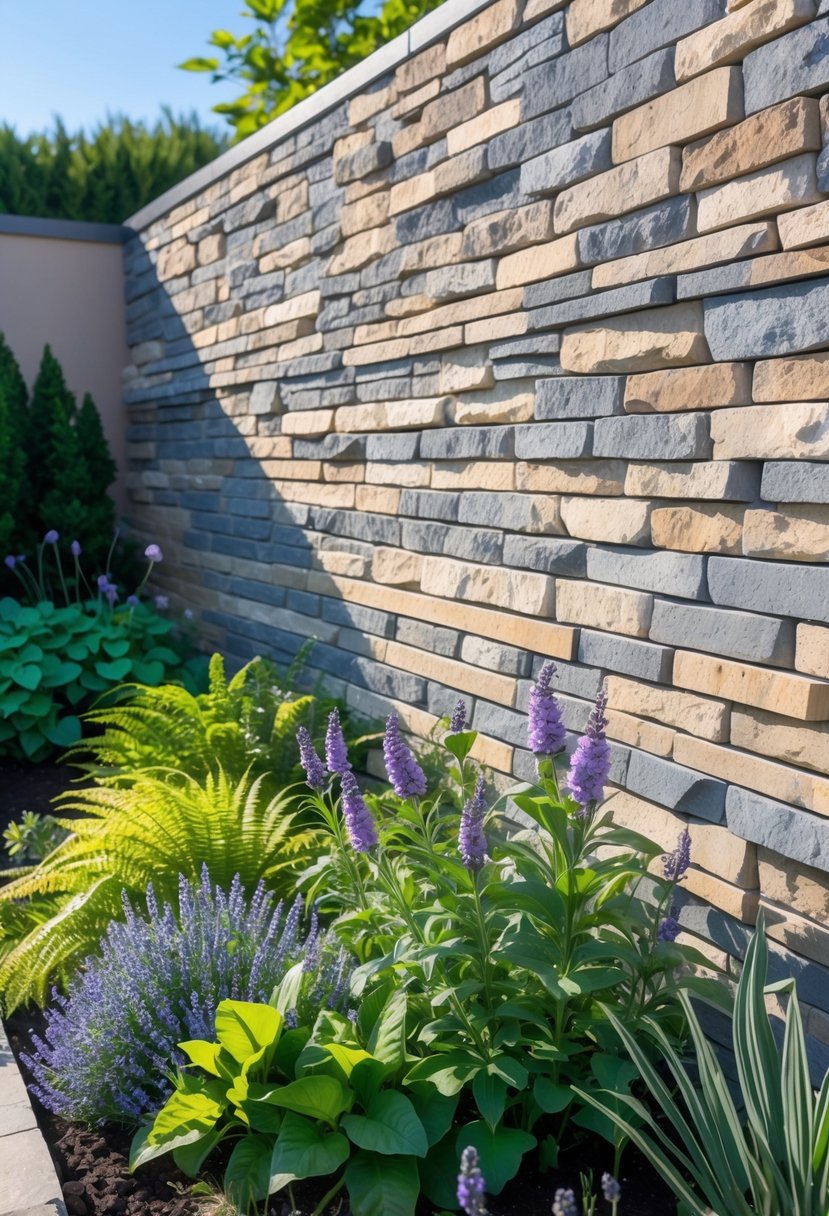 A garden with a stone veneer wall covered by green plants and colorful flowers under a clear blue sky.