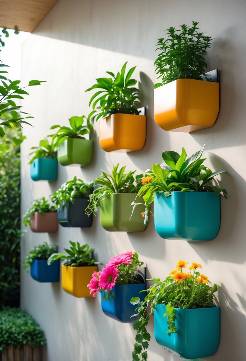 A wall covered with colorful wall-mounted planters filled with green plants and flowers.