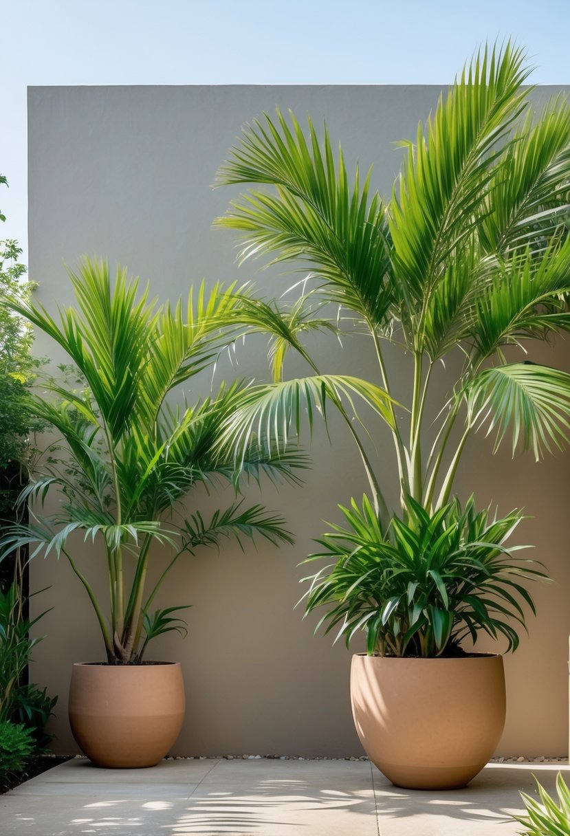 Large potted palm plants placed in front of a simple garden wall, creating a green and natural outdoor space.