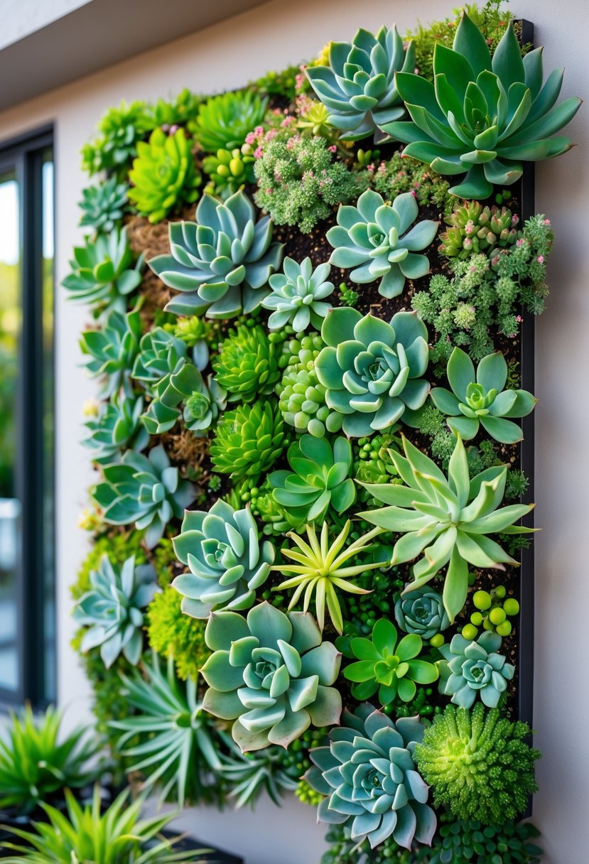 A vertical garden wall densely covered with various green succulents in an outdoor patio setting.