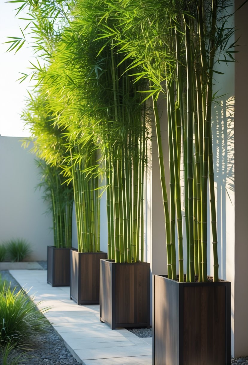 Tall bamboo plants in planters placed in front of a wall in an outdoor garden.