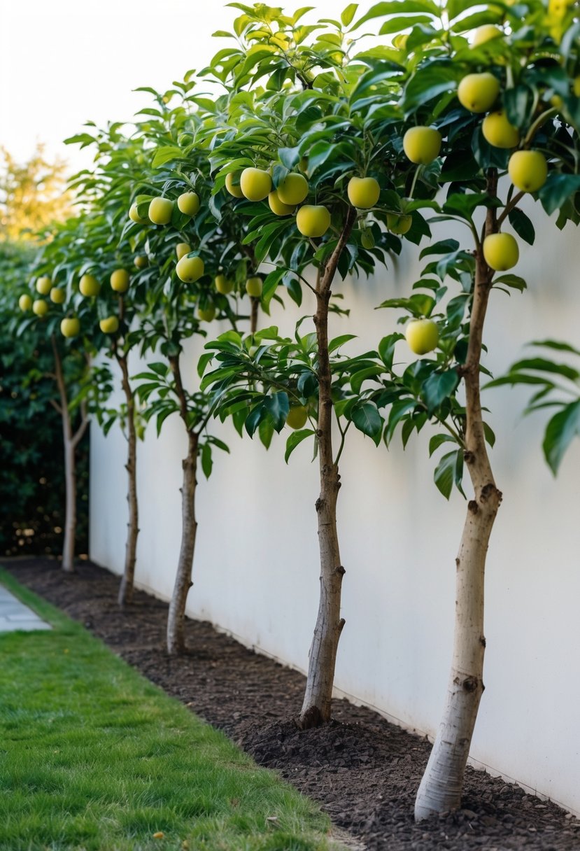 A simple garden with espaliered fruit trees growing against a wall, covering it with green leaves and fruit.