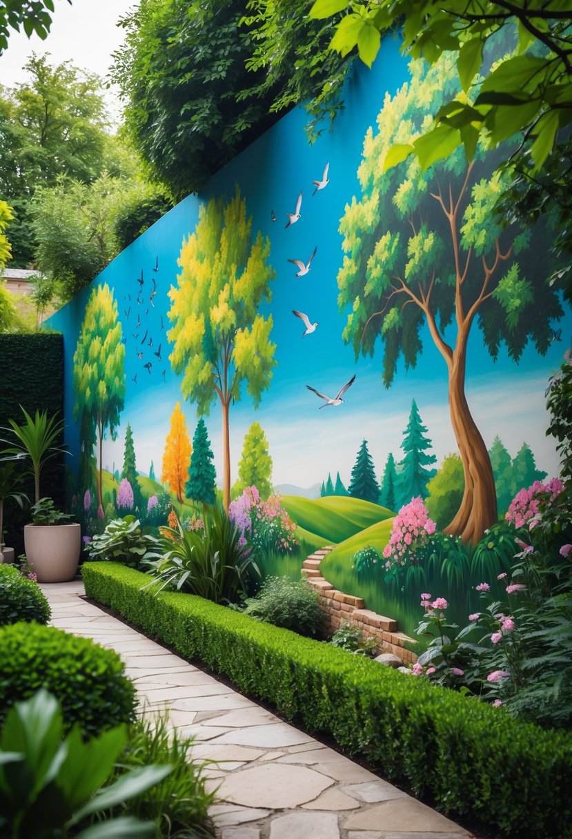 A garden wall covered with a colorful mural depicting trees, flowers, birds, and vines surrounded by plants and stone pathways.