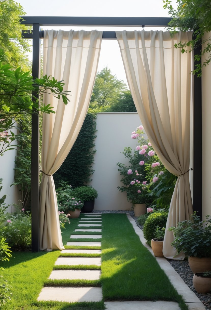 A garden with light outdoor fabric drapes hanging to cover a plain wall, surrounded by plants and greenery.