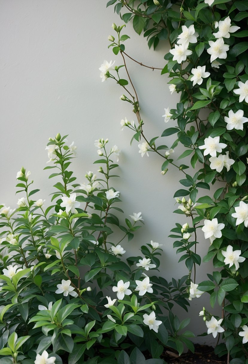 A garden wall covered with green jasmine vines and white jasmine flowers in bloom.
