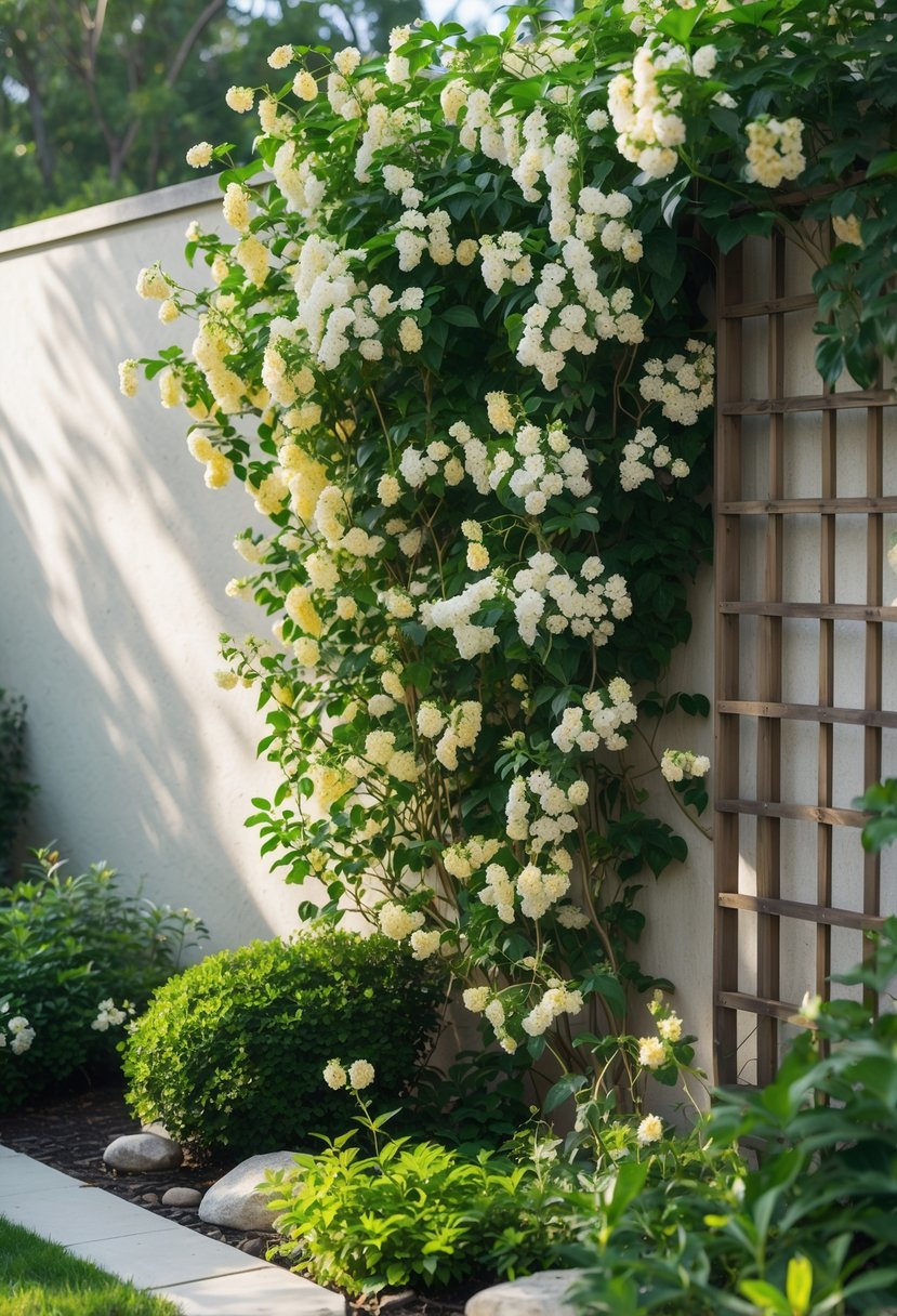 A garden wall covered with dense jasmine and honeysuckle vines with white and yellow flowers, surrounded by greenery and garden plants.