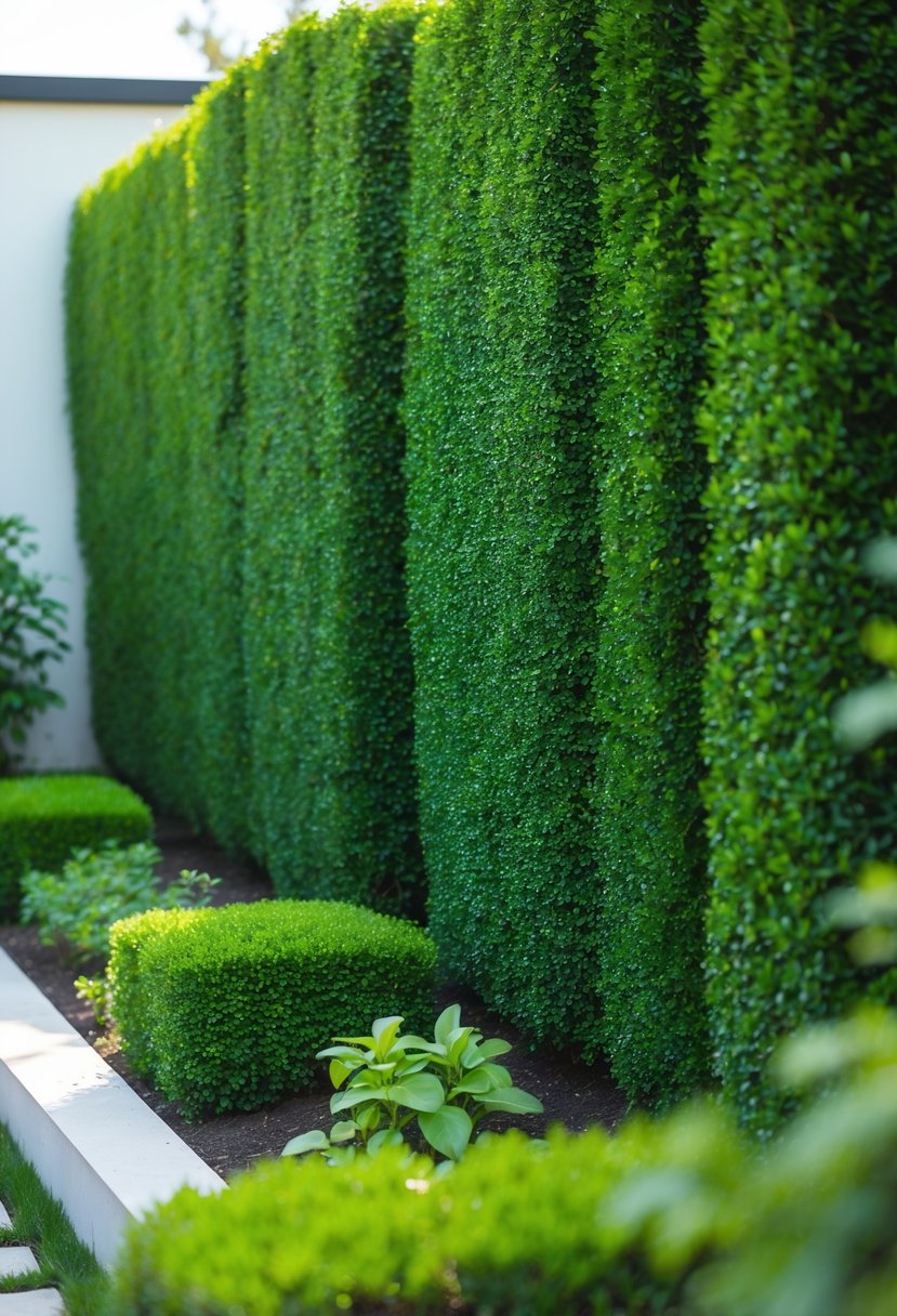 A dense, neatly trimmed boxwood hedge in a simple garden hiding a plain wall behind it.