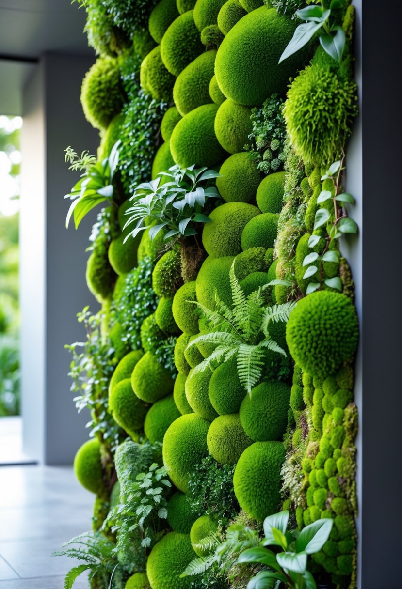 A green moss garden covering a wall with small plants and ferns creating a natural textured surface.