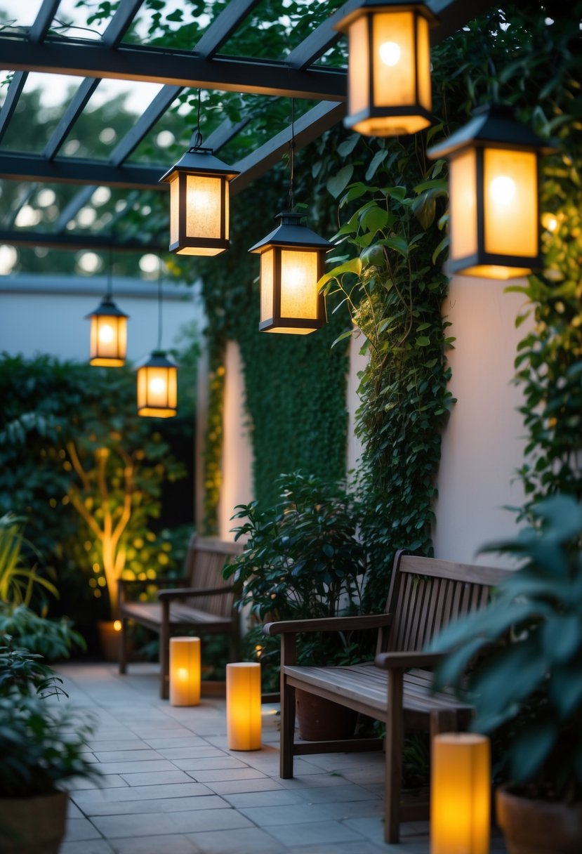 A garden with hanging lanterns glowing warmly above green plants and a partially hidden wall.
