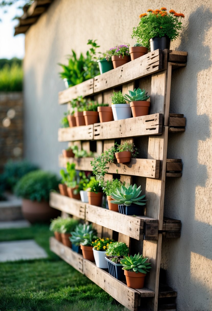 A wooden pallet filled with various potted plants leaning against an outdoor wall in a garden.