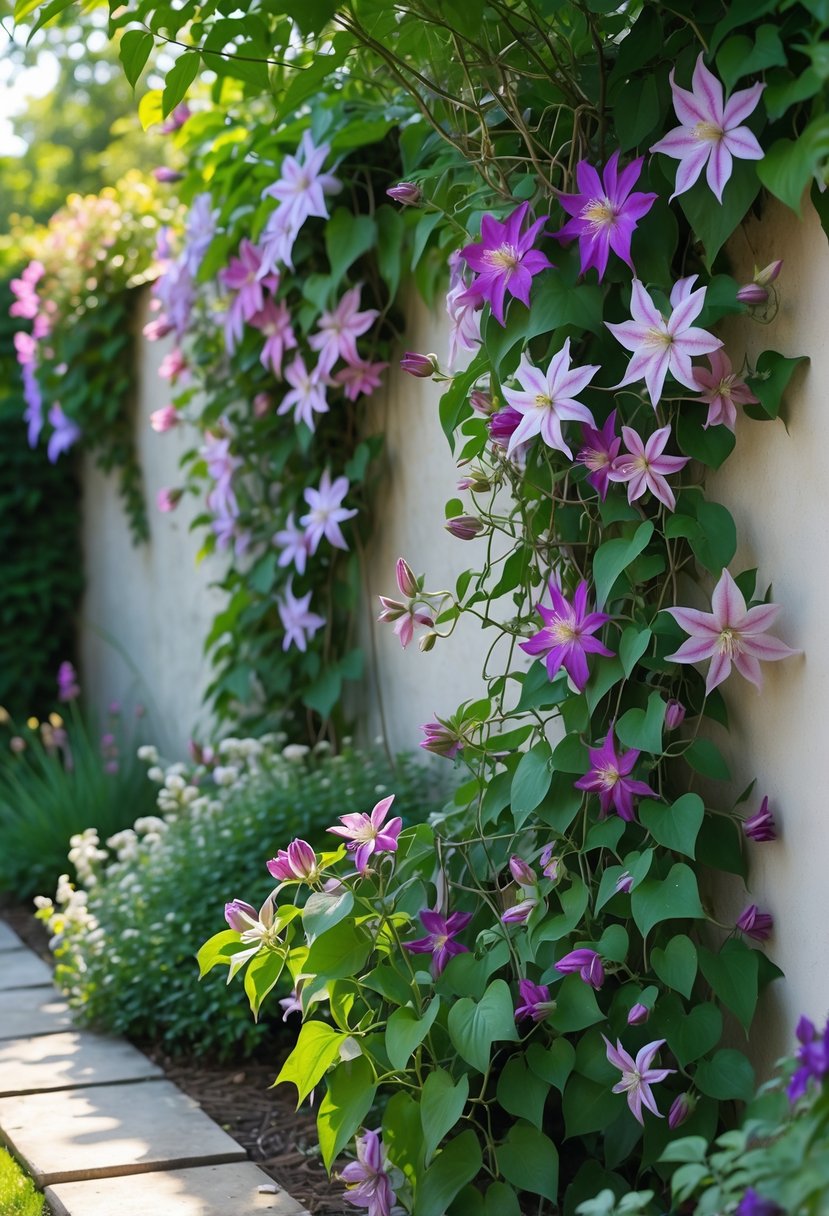 A wall partially covered by bright flowering clematis vines with purple, pink, and white flowers in a garden.