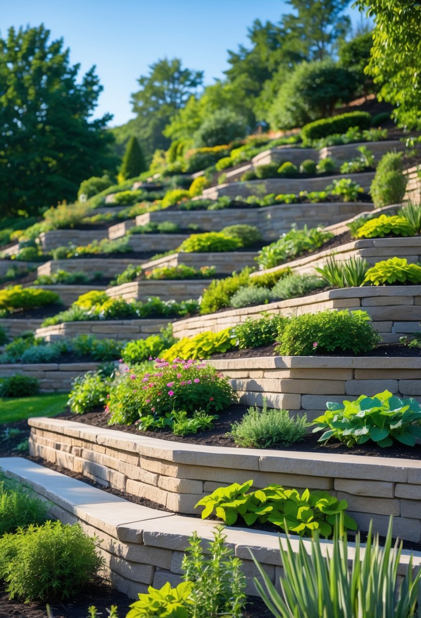 Steep garden with terraced planting beds made of stone walls and filled with green plants and flowers on a hillside.