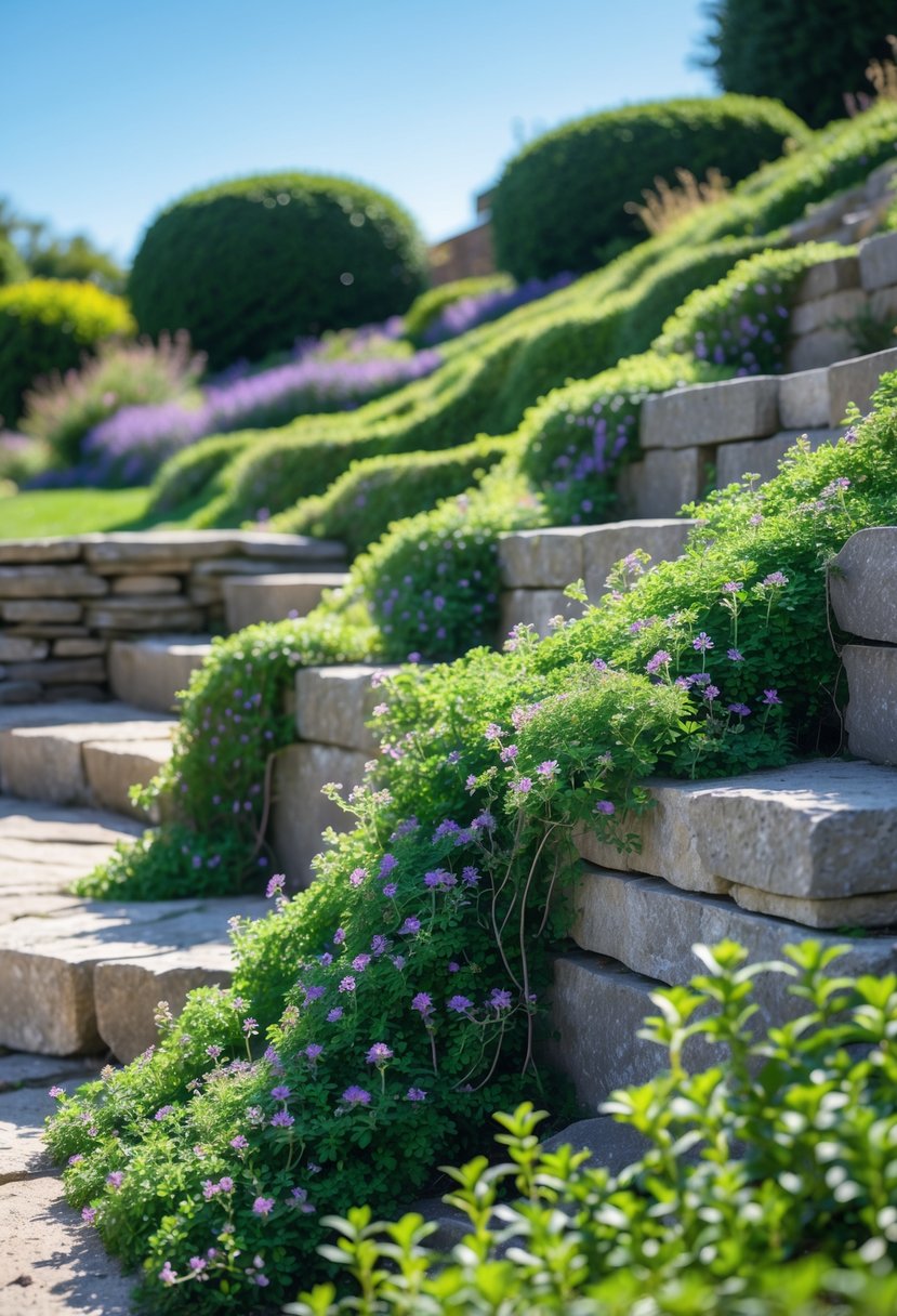 Steep garden bank covered with cascading creeping thyme plants and small purple flowers over natural stone terraces.