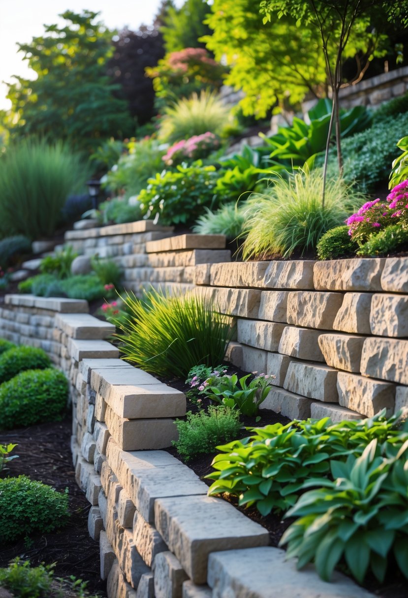 A steep garden bank with stone retaining walls supporting lush plants and flowers.