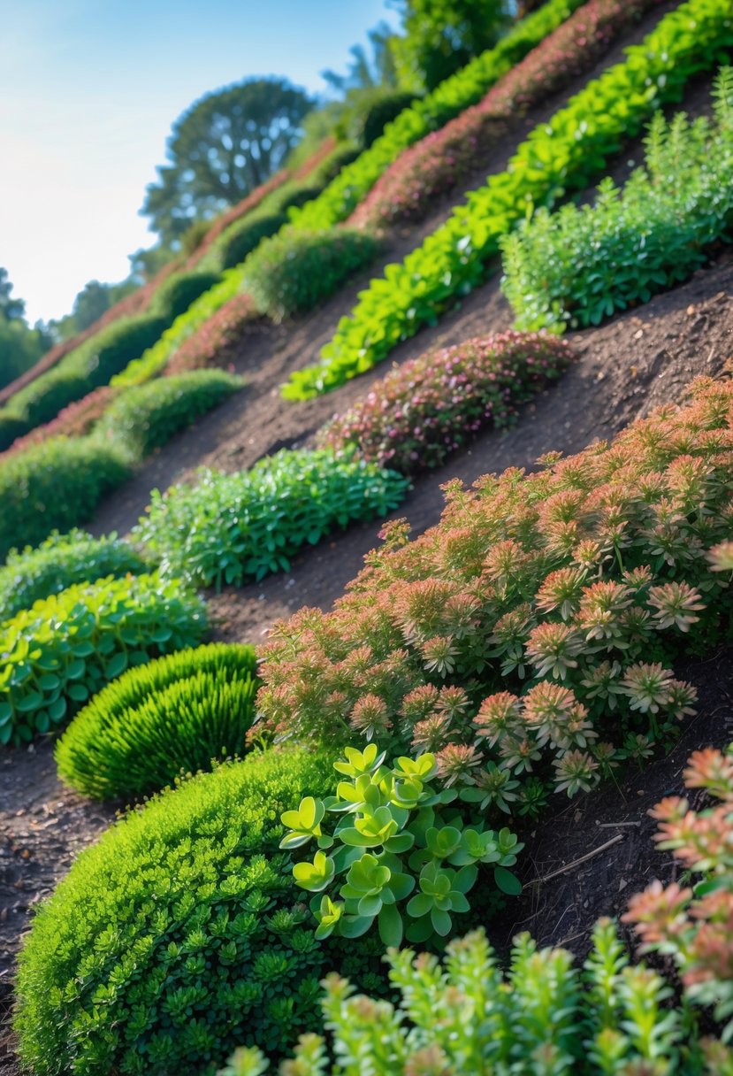 A steep garden slope covered densely with green and reddish sedum plants under a clear blue sky.