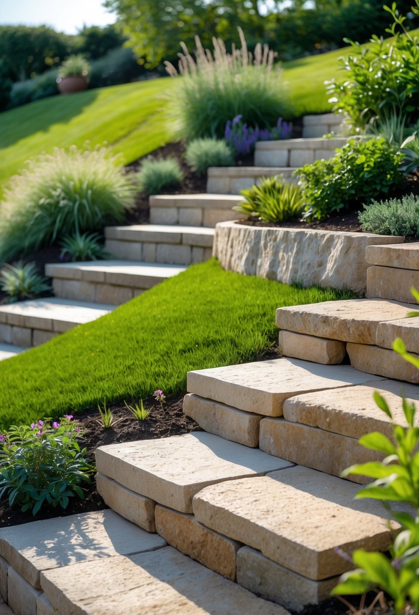 A garden with natural stone steps on a gentle slope surrounded by green grass and plants.