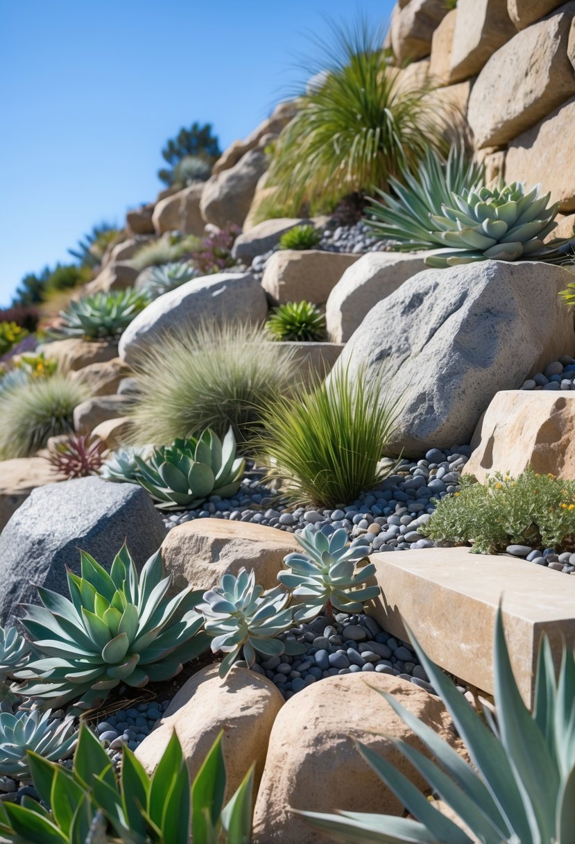 A steep rock garden with drought-tolerant plants and natural stones arranged on a hillside.