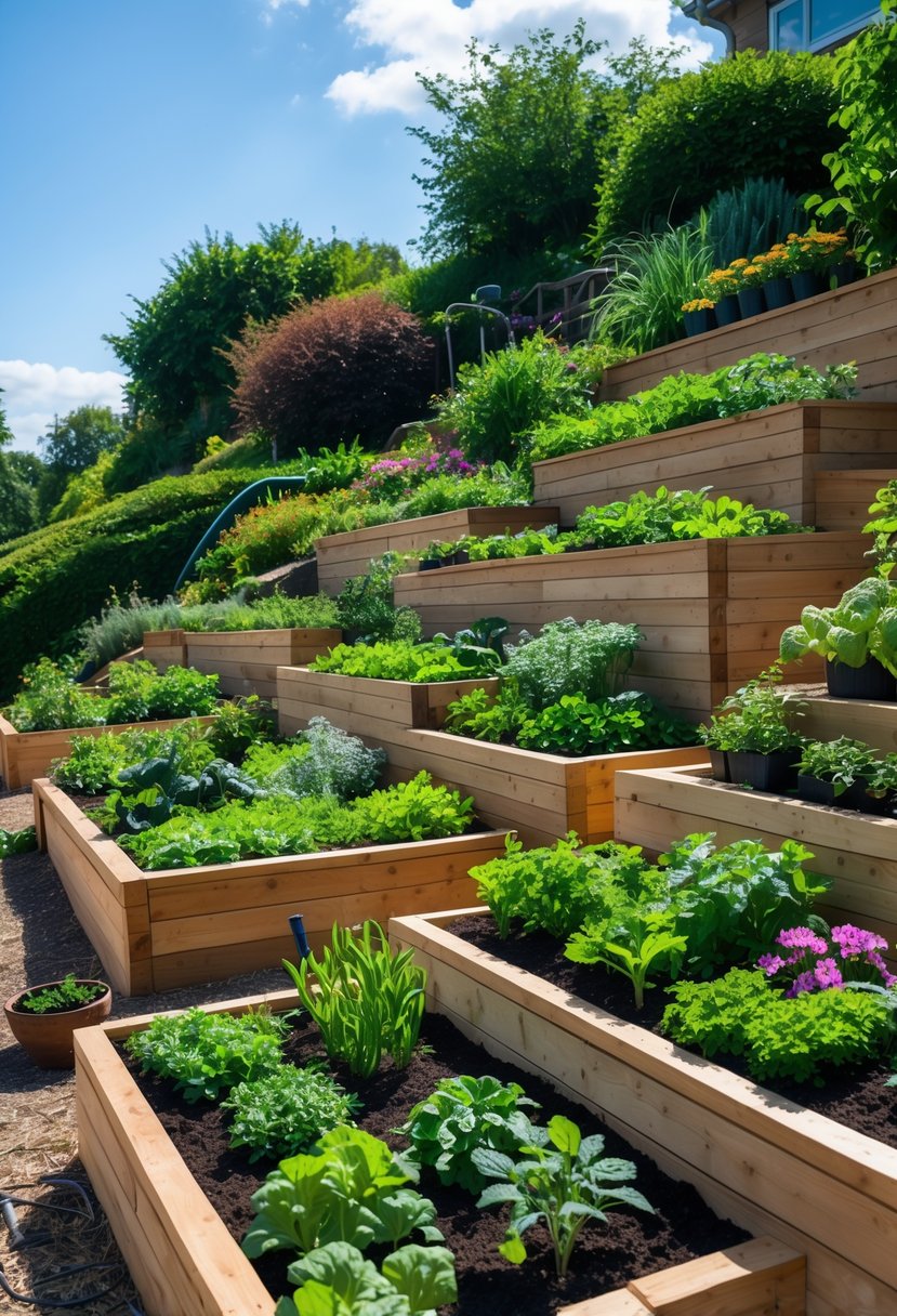A garden on a steep slope with wooden raised beds filled with plants and vegetables, featuring terraced retaining walls and a pathway.