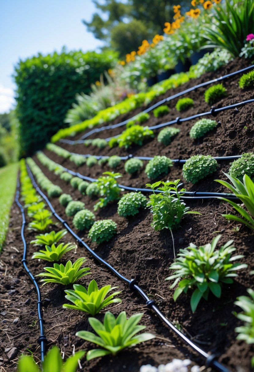 A steep garden bank with drip irrigation tubing watering healthy plants and flowers.