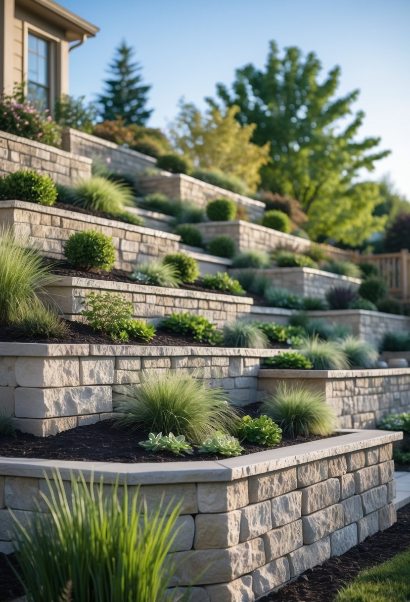 Steep garden with terraced stone retaining walls and low-maintenance plants preventing soil erosion.