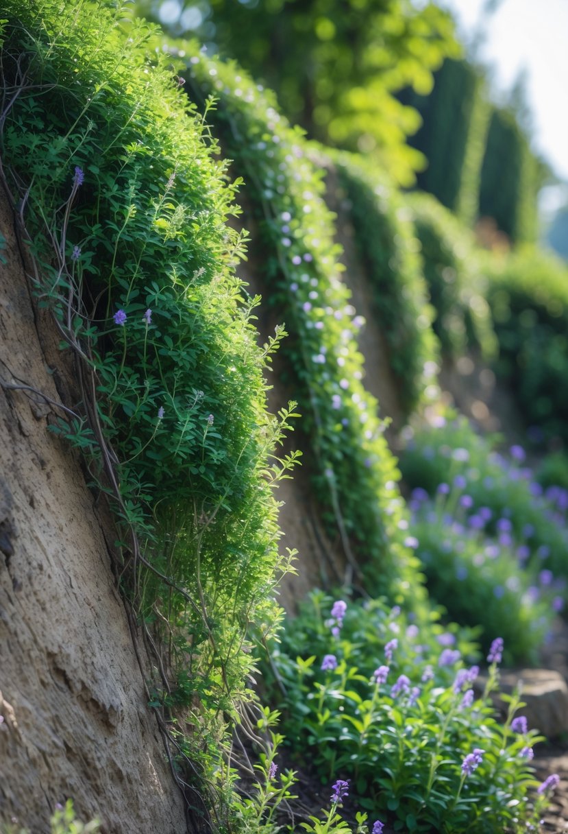 Steep garden bank covered with dense green creeping thyme plants with small purple flowers.