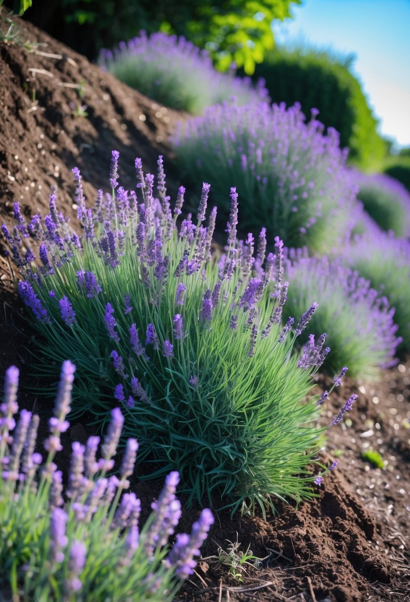 Steep garden slope covered with blooming lavender bushes and green foliage under a clear blue sky.