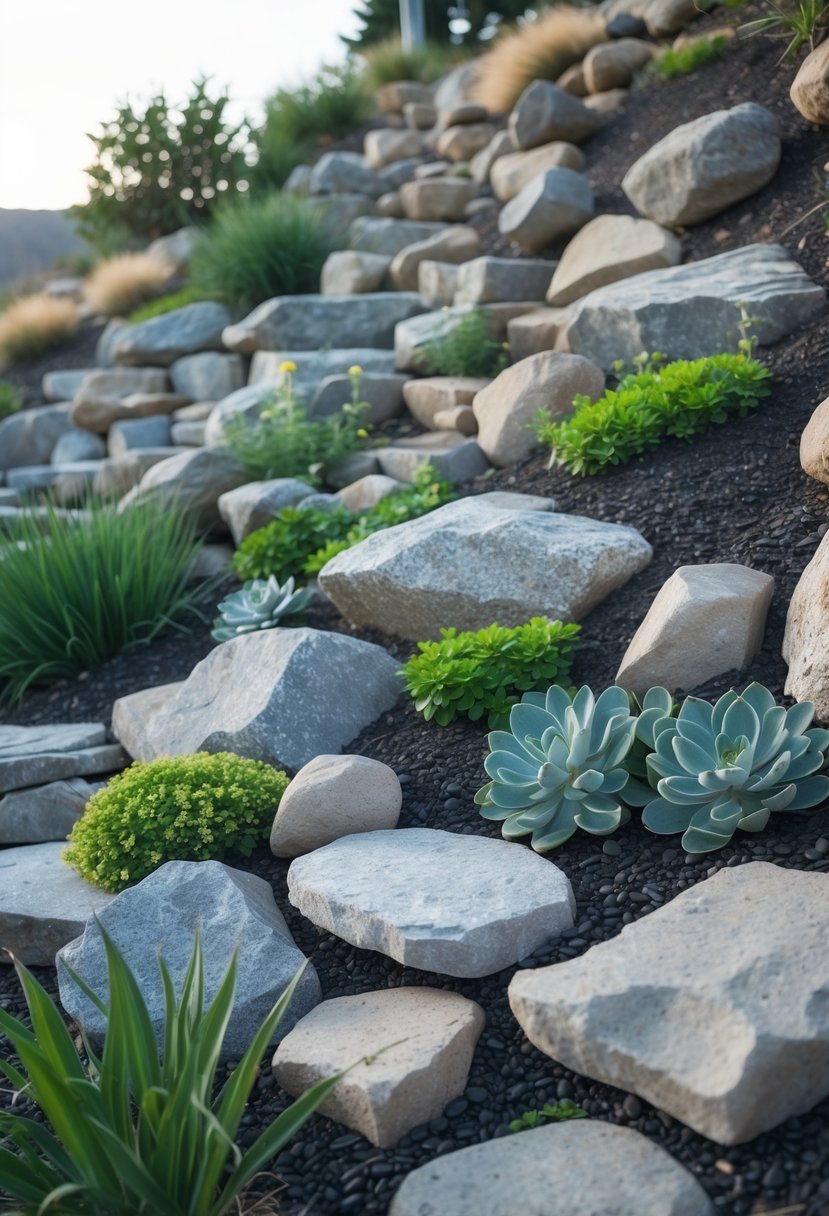Steep garden slope with native stones arranged among drought-tolerant plants and ground cover.