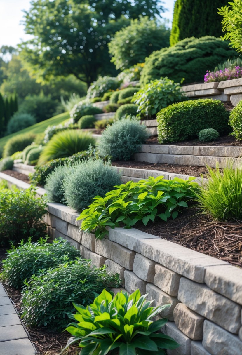 A steep garden bank planted with layered shrubs of varying heights and textures, with stone edging and mulch under a clear sky.