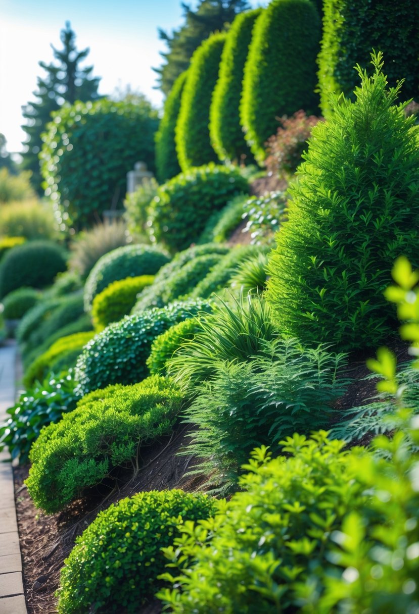 A steep garden slope covered with dense, green evergreen shrubs under a clear blue sky.