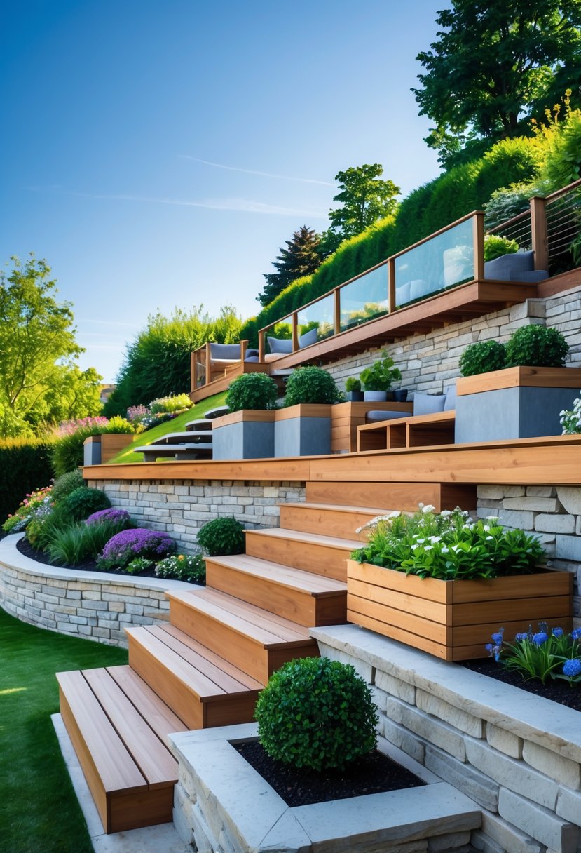 Multi-level wooden deck overlooking a steep garden with terraced plants and stone retaining walls.