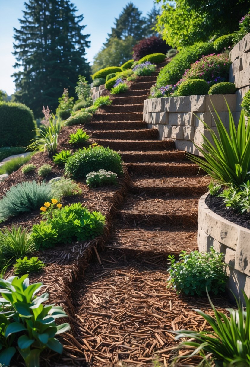 Steep garden bank with winding mulch pathways surrounded by green plants and shrubs under a clear sky.