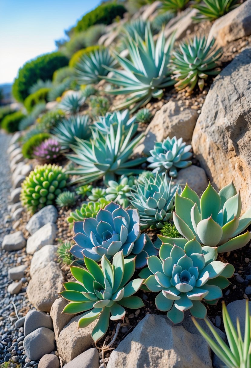 A steep garden bank covered with various drought-resistant succulent plants growing among rocks and gravel under a clear blue sky.