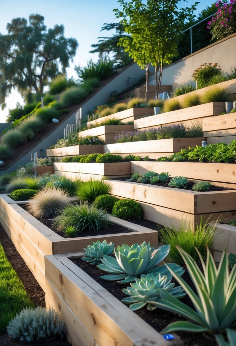 Raised wooden planter beds with low-maintenance plants arranged on a steep garden slope under a clear sky.