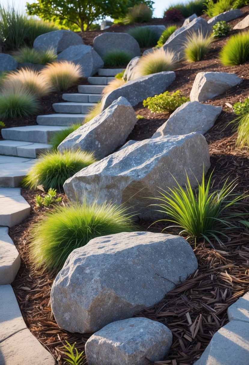 A steep garden slope with large natural boulders used as seating, surrounded by drought-tolerant plants and shrubs.