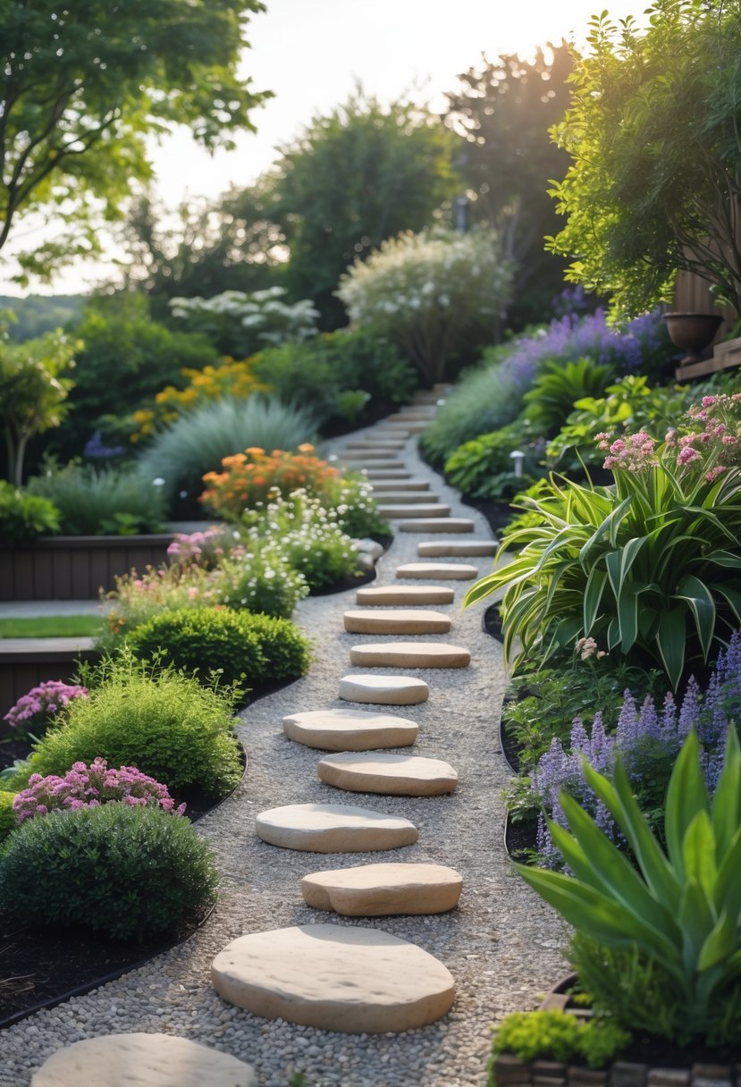 A steep garden bank with a gravel pathway and natural stepping stones surrounded by green plants and flowers.