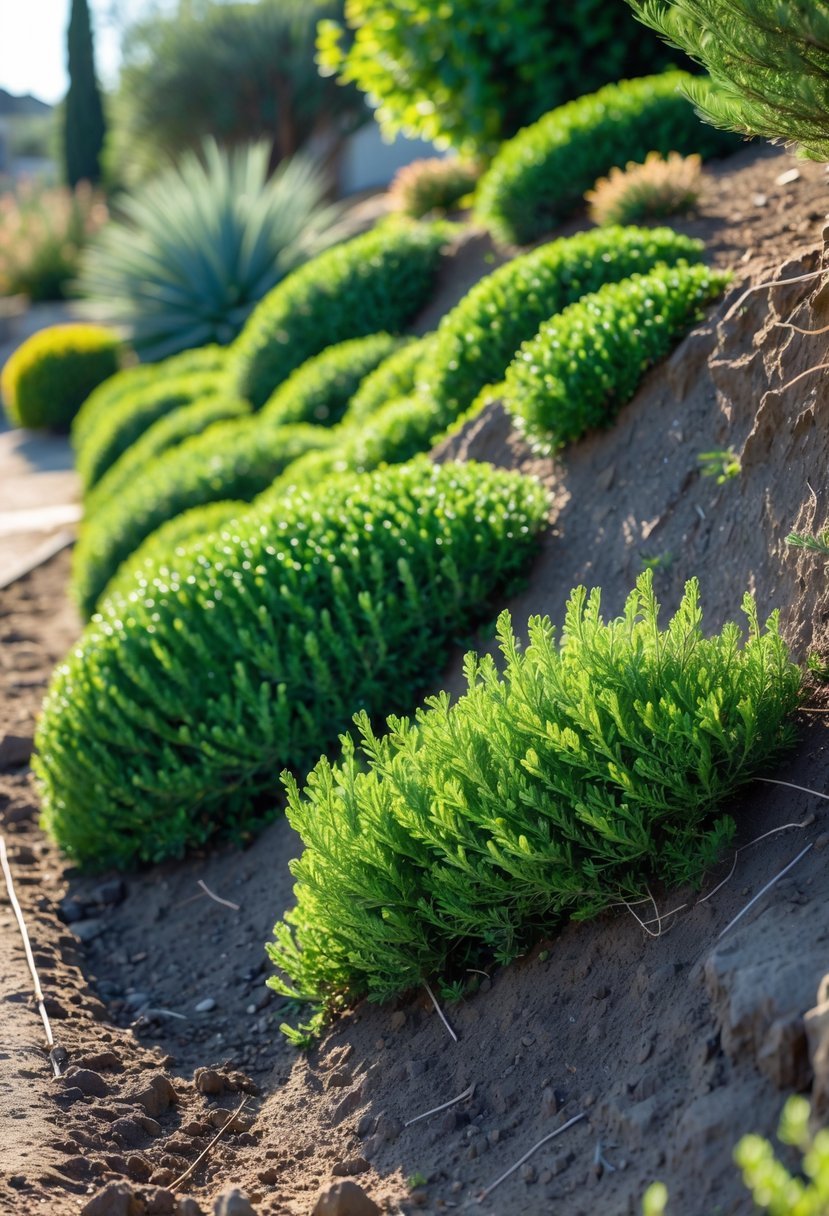 A steep garden slope covered densely with green creeping juniper plants, with a few other drought-tolerant plants in the background.