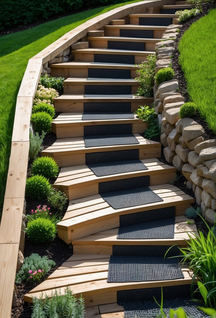 Wooden terraced steps with non-slip treads built into a steep garden slope surrounded by green plants and grass.