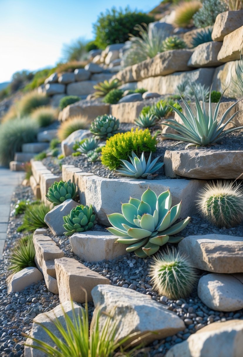 A steep rock garden with drought-resistant plants including succulents and cacti arranged among natural stones on a sloped hillside.