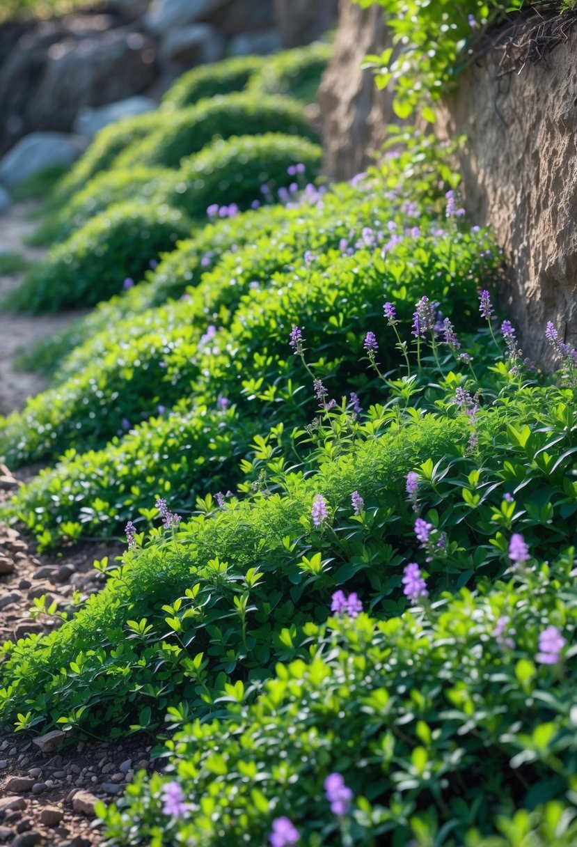 A steep garden bank covered with green creeping thyme plants and small purple flowers cascading over the slope.