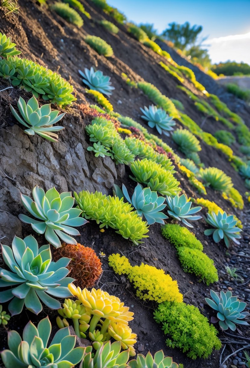 A steep garden slope covered with various colorful sedum plants growing densely on the bank.
